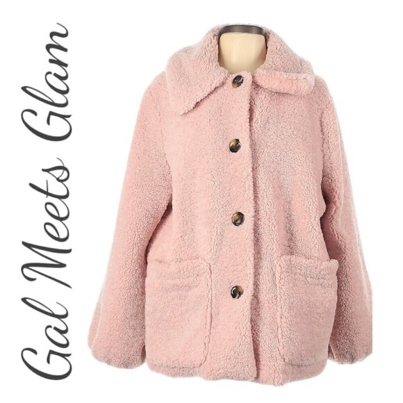 GAL MEETS GLAM Blush Pink Willa Faux Fur Teddy Jacket Fleece, Size Large - Picture 10 of 11